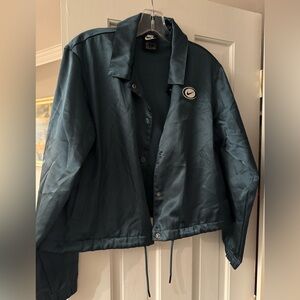 Nike Blue Floral Print bomber Long-Sleeve Satin Button-Up— Women's small